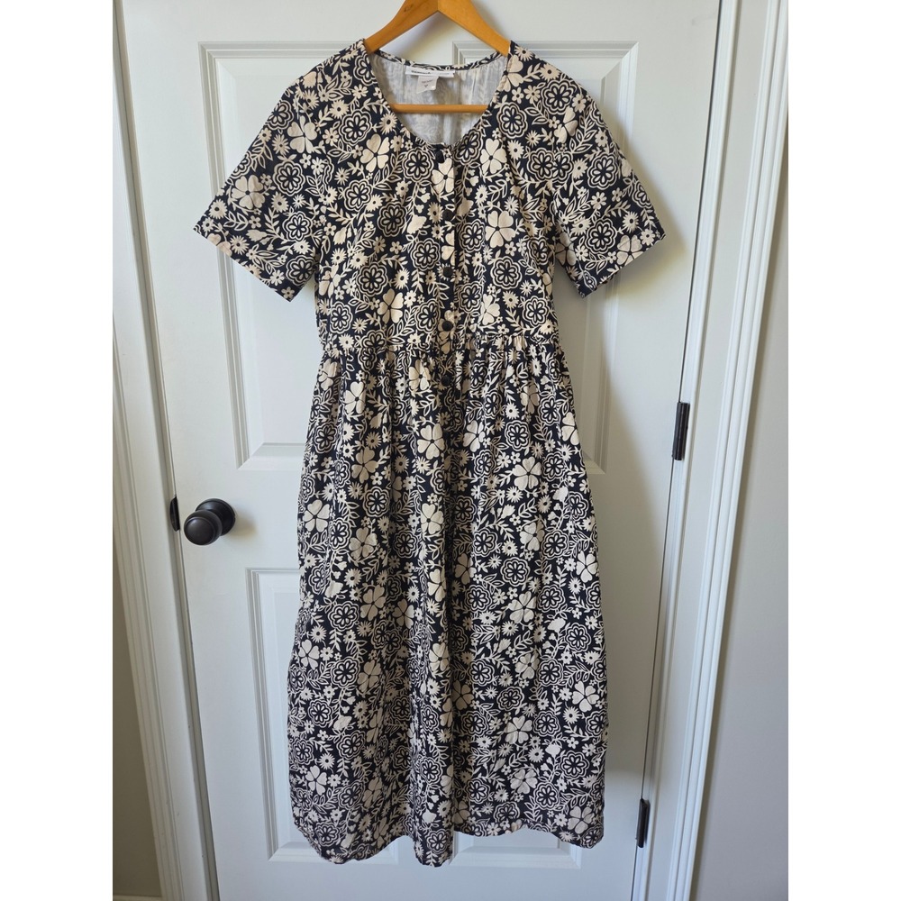 Vintage Floral Button Front Midi Dress Black Cream Short Sleeve Cottagecore M